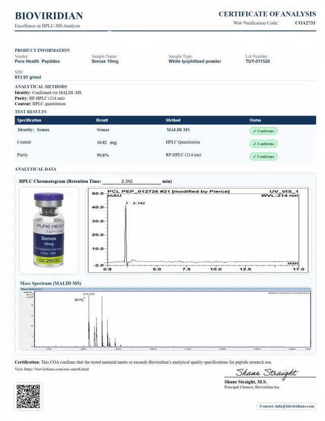 Evergreen COA 365 Semax (10mg) Lot TUY 011526