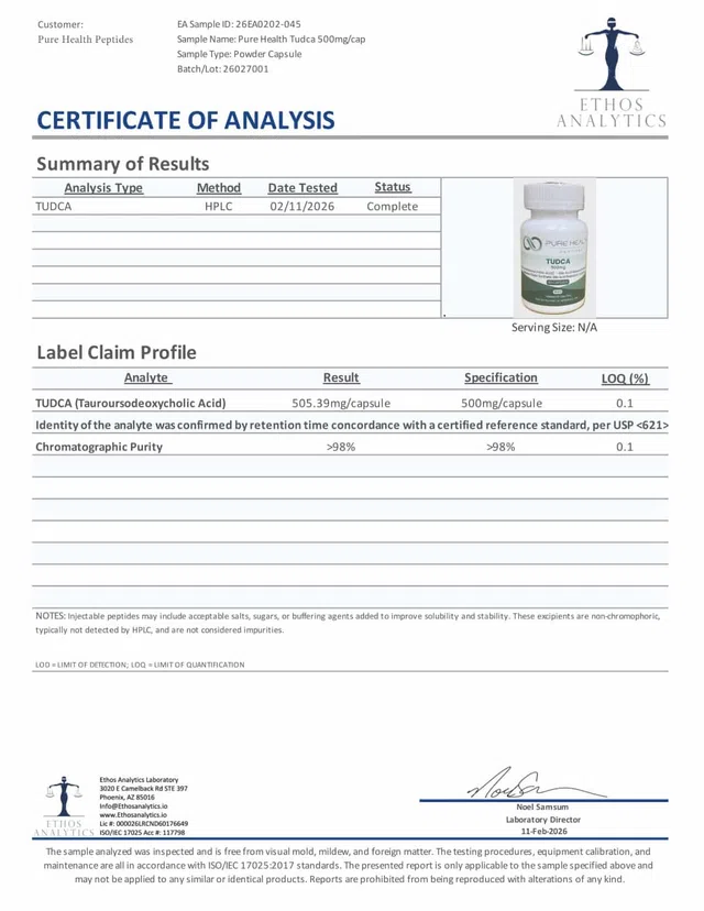 Evergreen Peptalith Tudca 500mg cap Lot 26027001 GL70