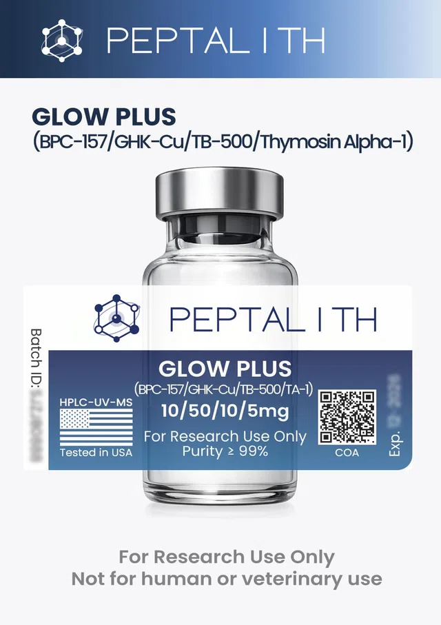 GLOW Plus (BPC-157/GHK-Cu/TB-500/Thymosin Alpha-1 Blend) research vials