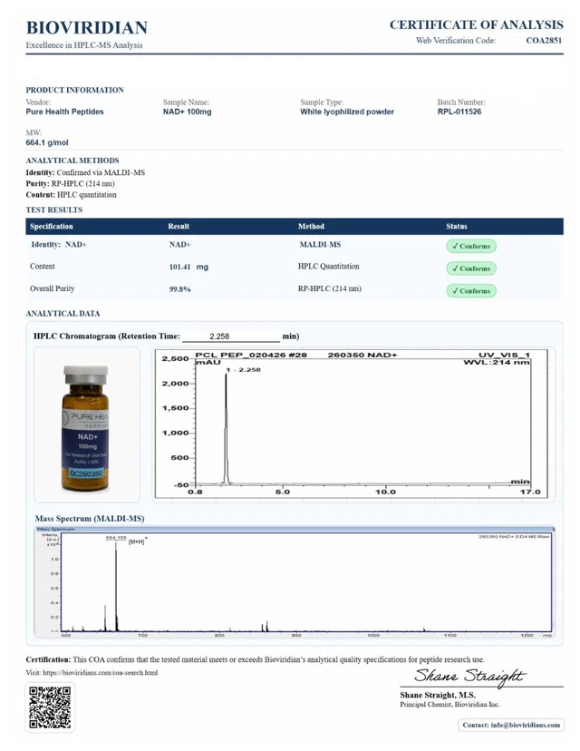 Evergreen COA 407 NAD+ (100mg) Lot RPL 011526 2851