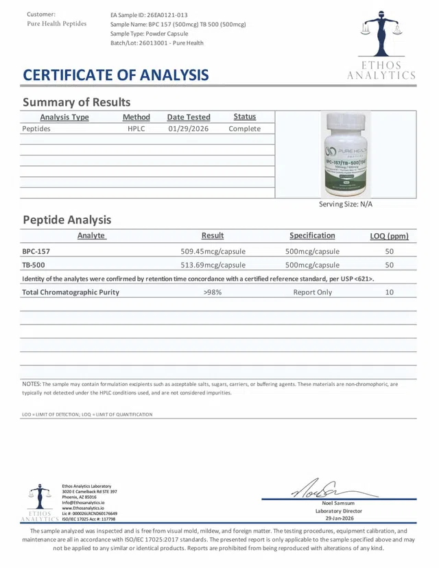Evergreen BPC 157 (500mcg) TB 500 (500mcg) Lot 26013001 Peptalith GI76