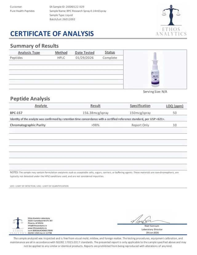 COA 02 BPC 157 Research Spray 0.14ml spray Lot 26012002 GJ14