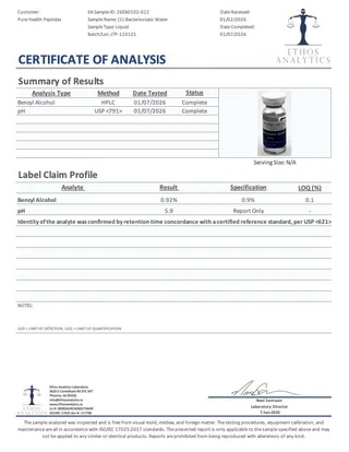 COA 365 Bacteriostatic Water 10mL Lot JTP 110125 GD25