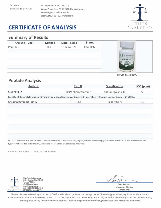 Evergreen SLU PP 332 (1000mcg capsule) Lot 26014001 Peptalith GI77