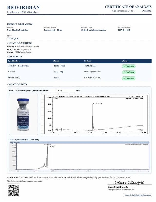Evergreen COA 409 Tesamorelin (10mg) Lot CHA 011926 2853