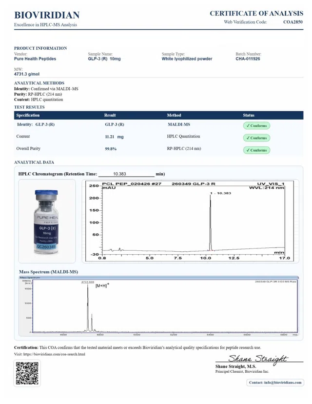 Evergreen COA 410 GLP 3(R) (10mg) Lot CHA 011926 2850