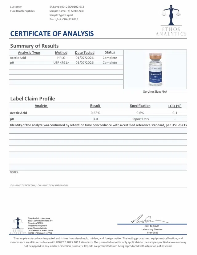 Evergreen Acetic Acid Lot CHA 122025 GD26