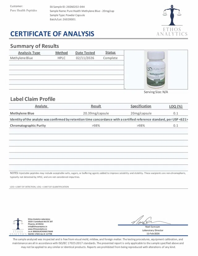 Evergreen Peptalith Methylene Blue 20mg cap Lot 26028001 GL69