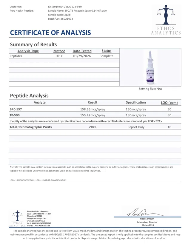 COA 01 BPC 157 TB 500 Research Spray 0.14ml spray Lot 26021003 GJ15